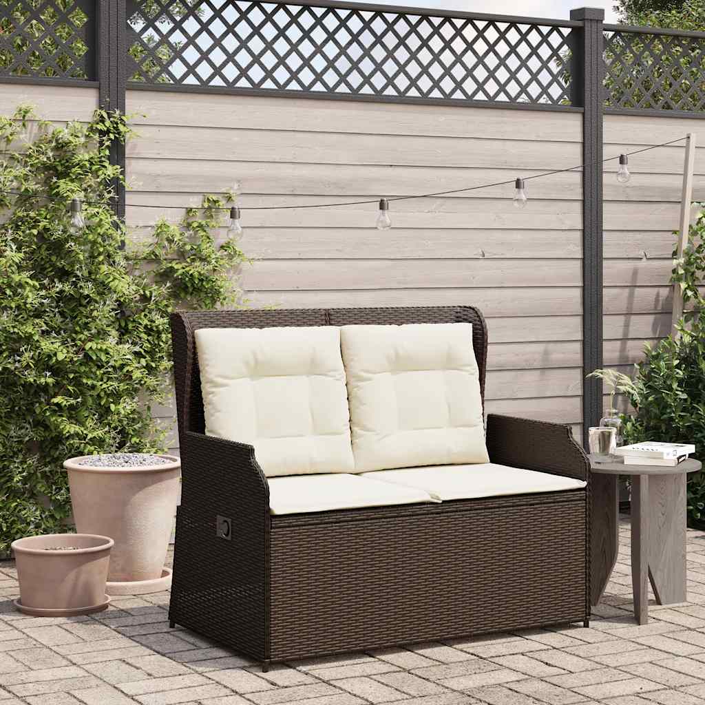 Vidaxl Folding Garden Bench with Cushions, Brown, Poly Rattan