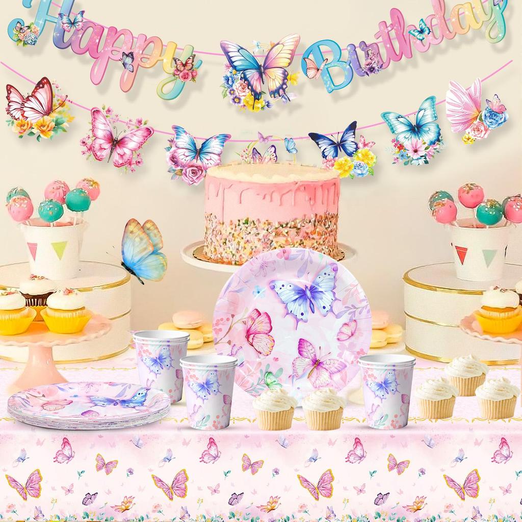Butterfly Birthday Party Supplies, Butterfly Plates and Napkins Party Supplies-Butterfly Party Plates Cups Tablecloth&Butterfly Birthday Decors Banner