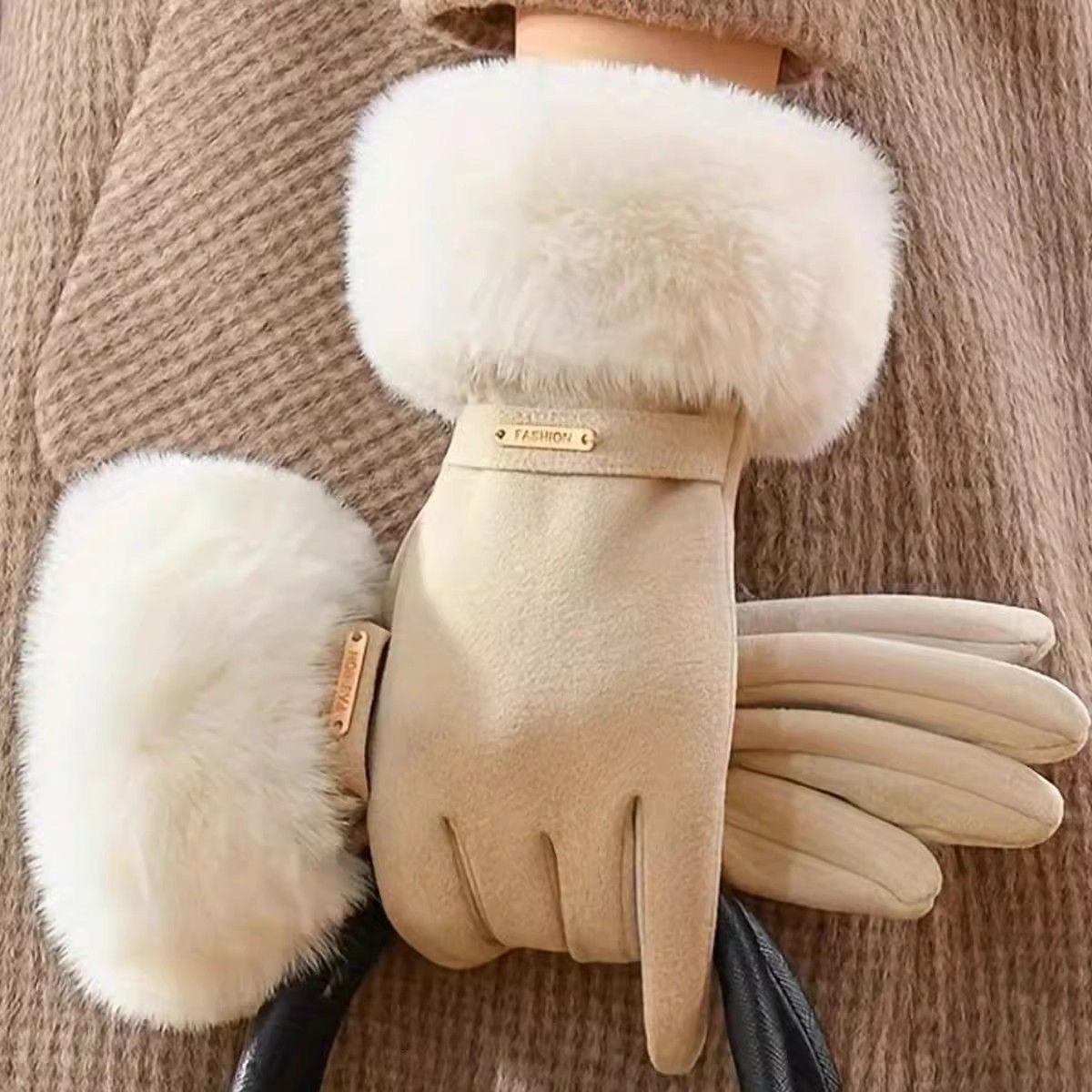 

Women s Gloves Are Warm, Windproof, Riding, Fleece, Driving, Outdoors, Winter, Touchscreen, Raw Edge beige