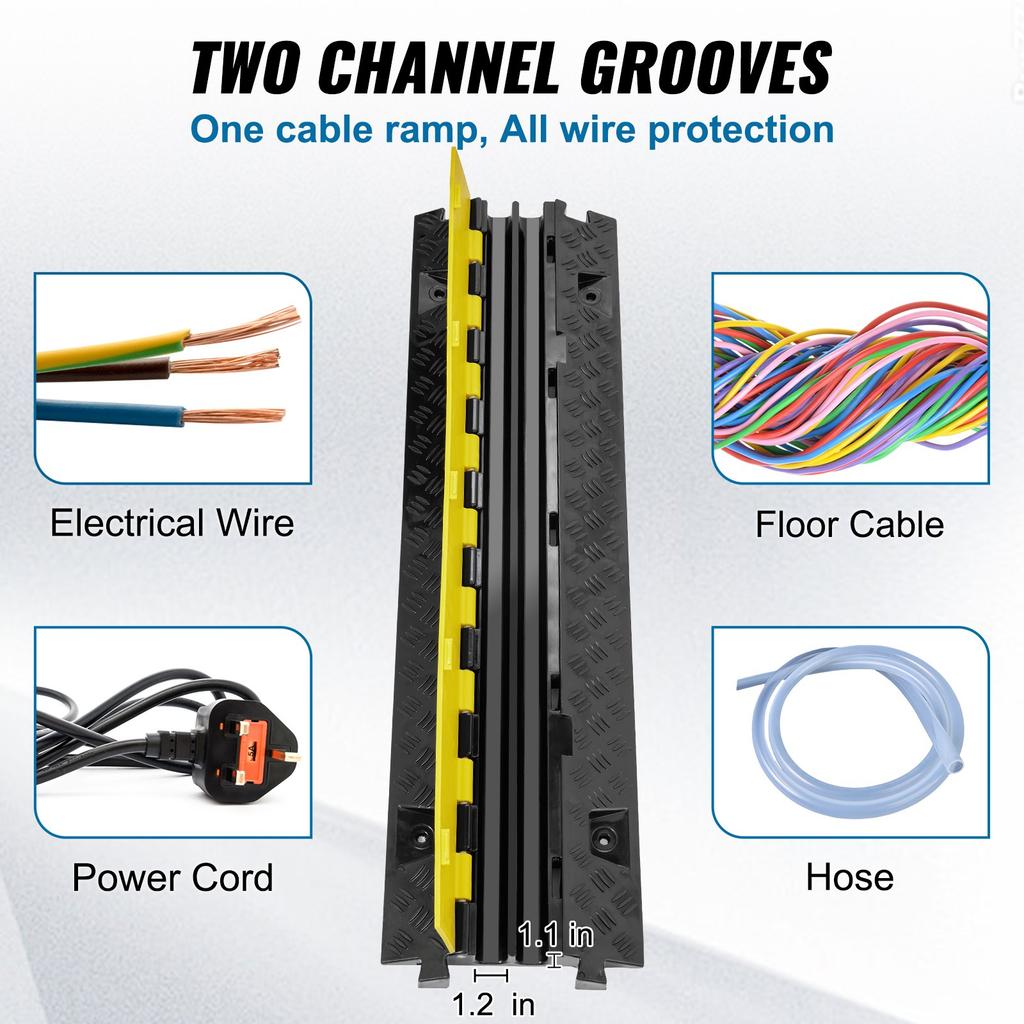 VEVOR Cable Protector Ramp, 91.8x25x4.3 Cm 2 Channel, 9979 Kg/axle Capacity Heavy Duty TPU Wire Cord Cover Ramp Hose Protector Ramp Driveway