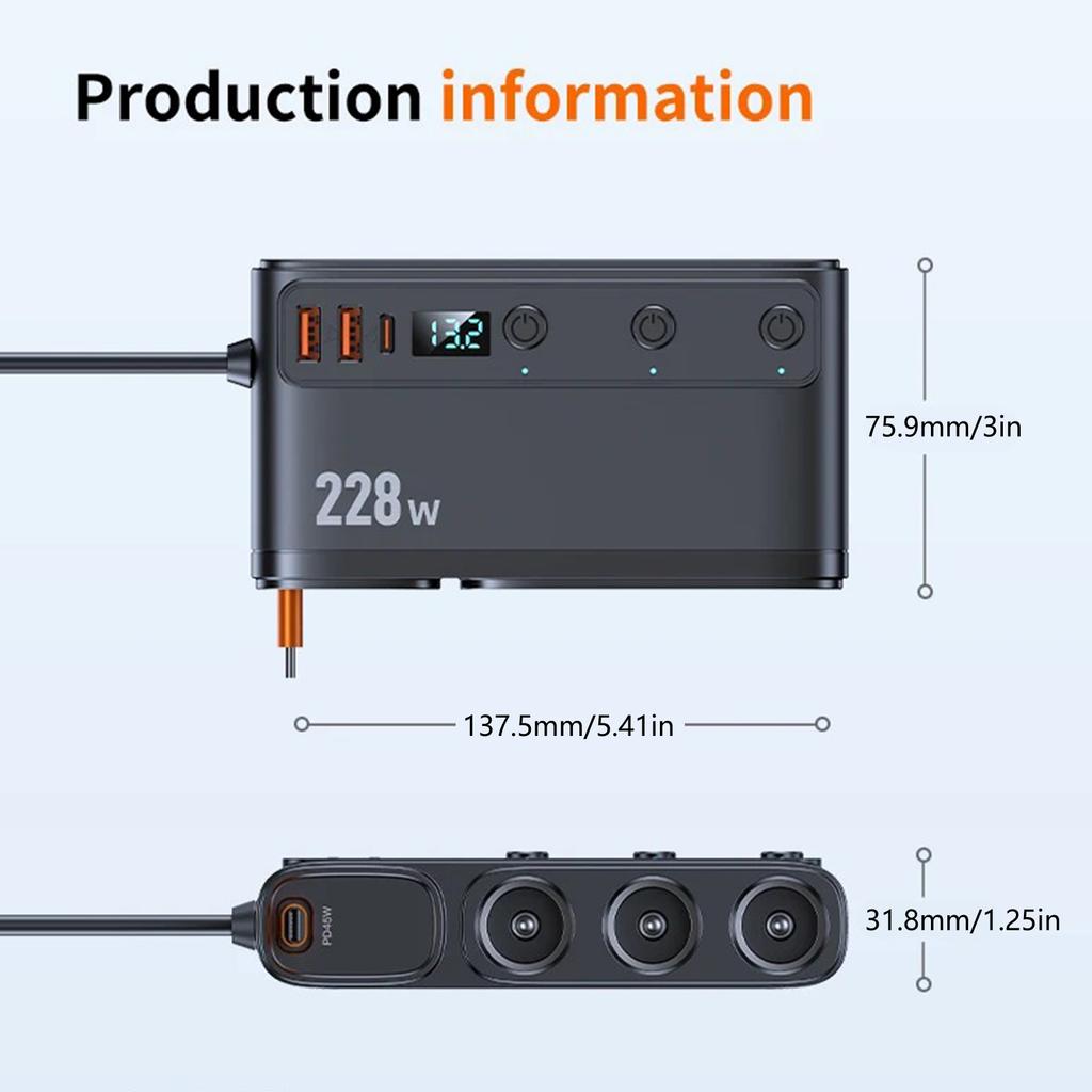 9 In 1 Power Outlet Adapter with 228W Large Power QC3.0 PD45W Fast Charging Telescoping Cable & LED Electric Display