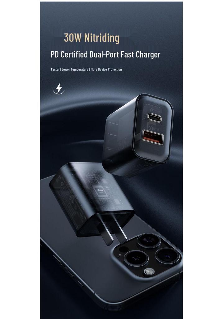 30W Gallium Nitride Dual-Port PD Charger for iPhone 17, Apple, Huawei Phones, and Tablets