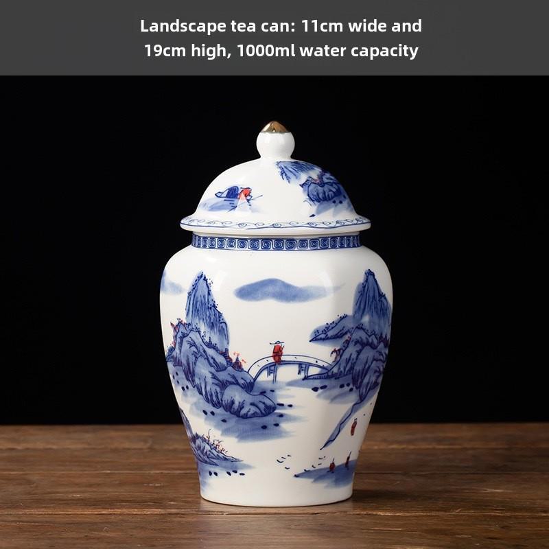 

«Высококачественная сине-белая керамическая банка для чая»: Влагонепроницаемый, герметичный, идеально подходит для дома или подарка.