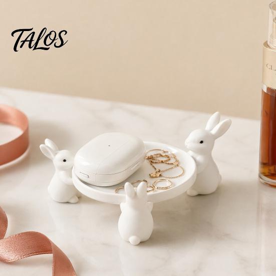Talos 3D Printed Cute Rabbit Tray Figurine, Multi-Functional Desktop Storage Holder for Headphones Jewelry Small Trinkets, Stable White Ring-Shaped