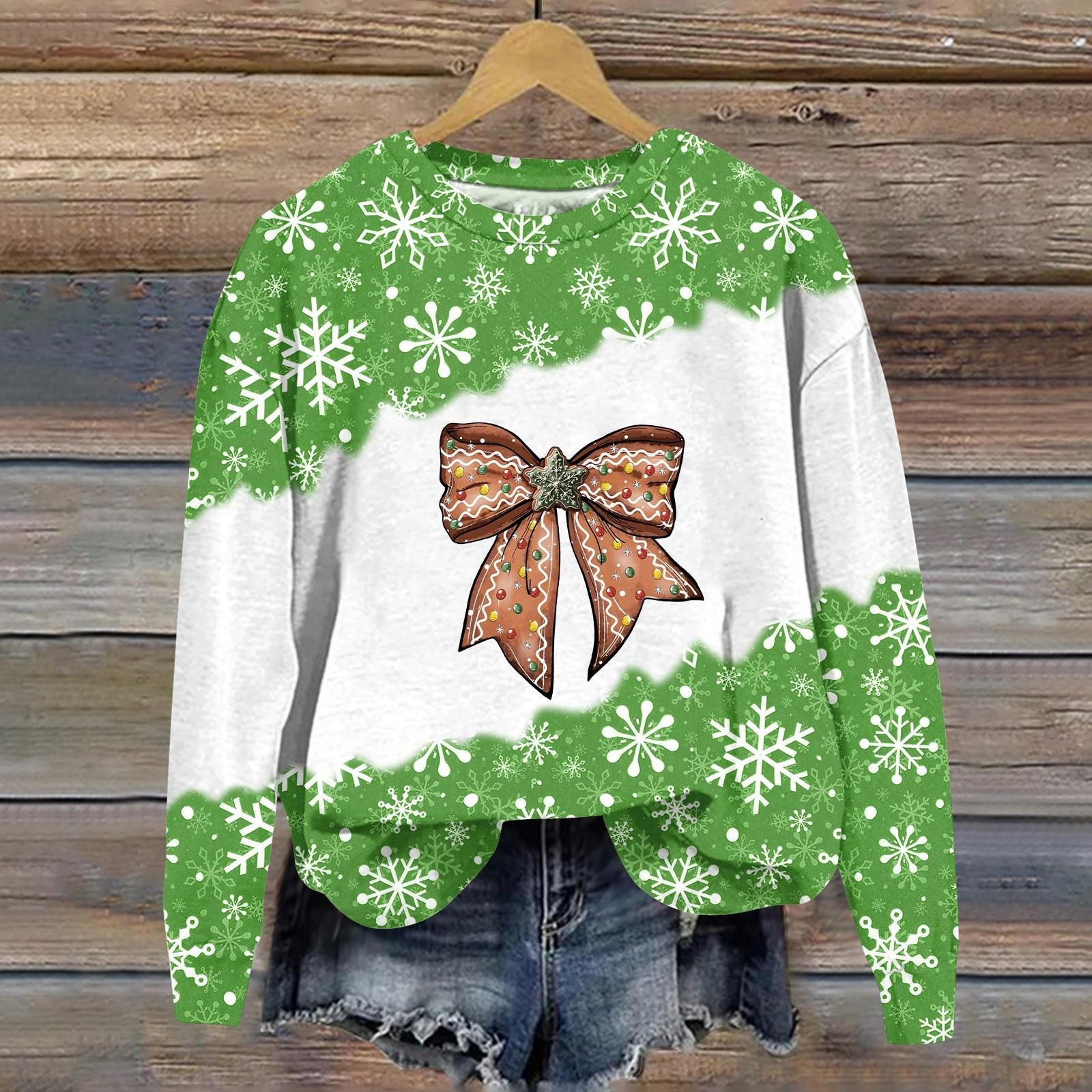 

Женская мода рождественский принт длинный рукав свободный круглый вырез толстовка топ осень L