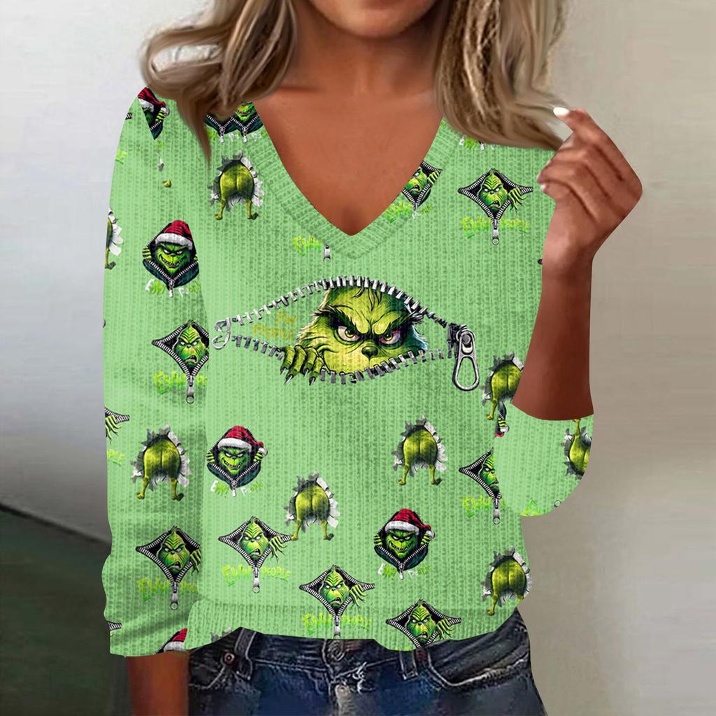 Women's Cute Sweatshirt Knitted Fashion Casual V-neck Long-sleeved  Cozy Print Top