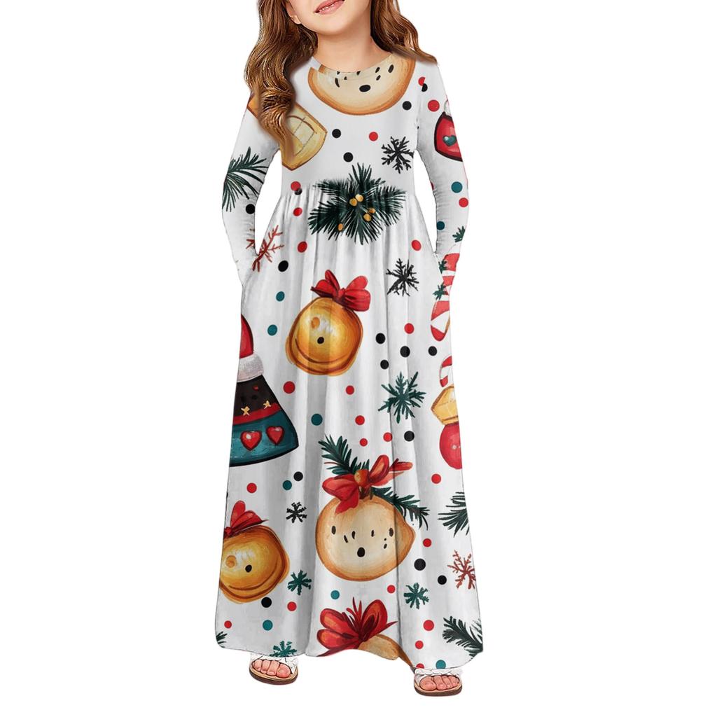 Girls' Maxi Dress - Long Sleeve Pocket Dress Christmas Day