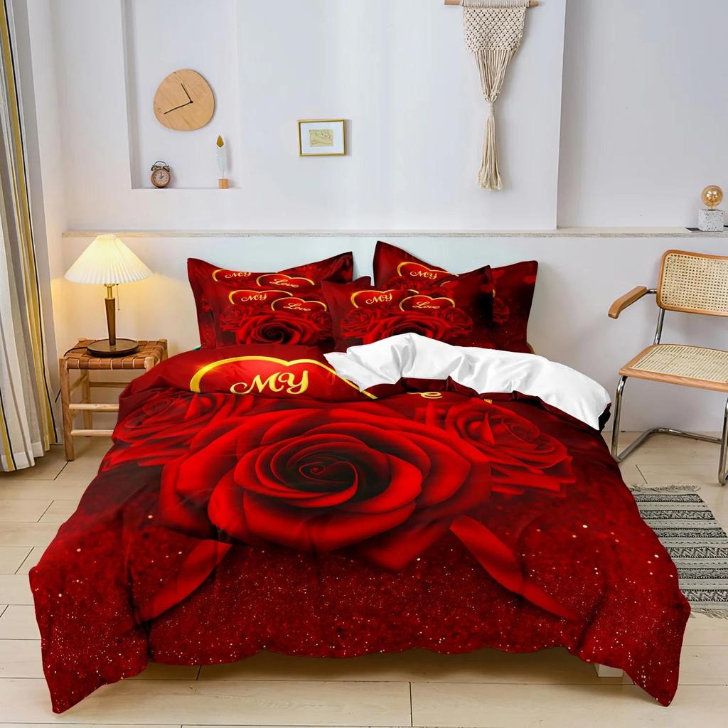 3pcs Romantic Valentine'S Day Bedding Set Red Rose Love Floral Duvet Cover Set Gifts for Lover(1 Duvet Cover And 2 Pillowcases)