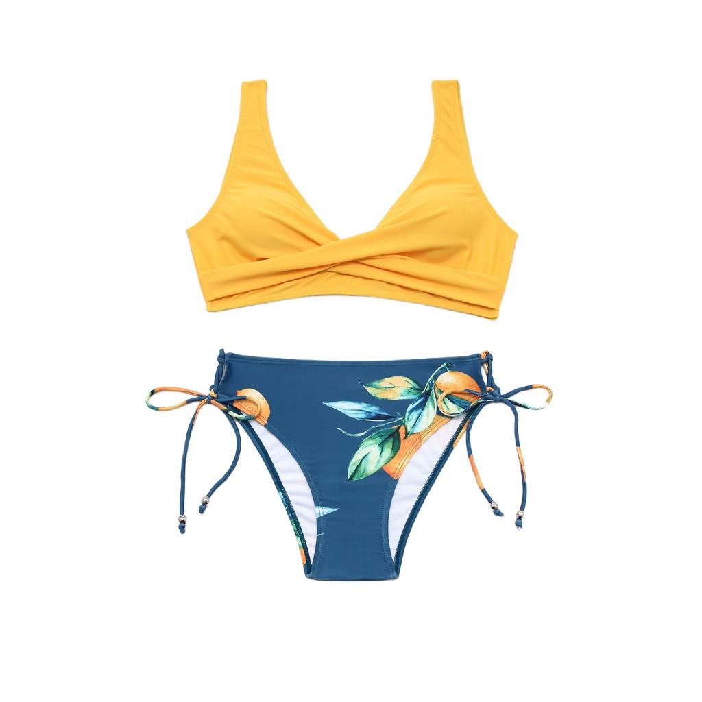 Women Beachwear Swimsuit Solid Bikini Set V-Neck Tank Tops with Lemon Print Low Waist Thong Two Piece Swimming Bathing Suits