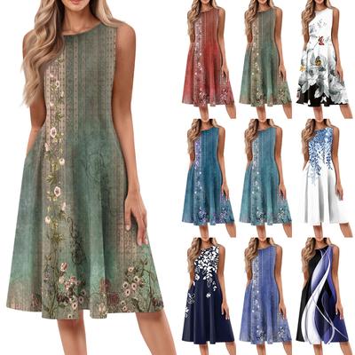 Γυναικείο μοντέρνο φόρεμα με στρογγυλή λαιμόκοψη, αμάνικο εμπριμέ casual πουλόβερ με μεσαίο μήκος