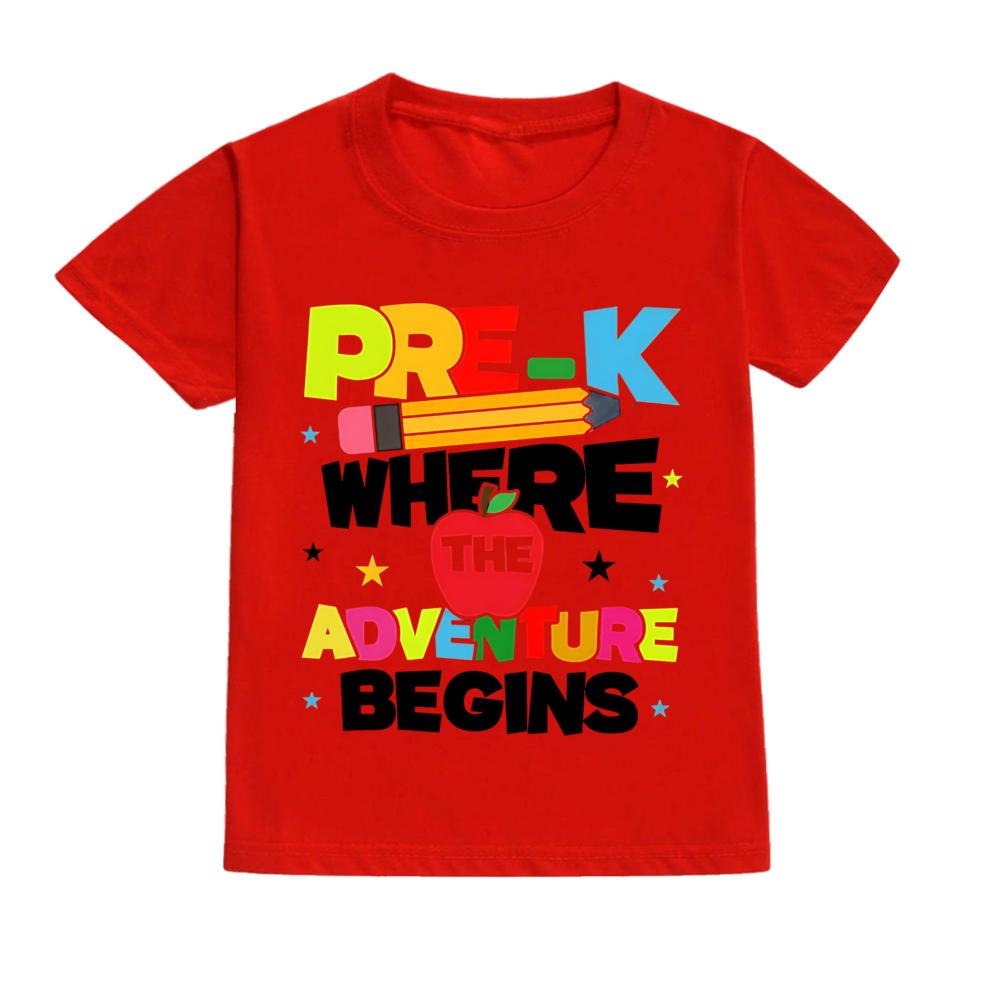 PRE-K WHERE THE ADVENTURE BEGINS Shirts Happy First Day of School Funny Tee Summer Casual Short Sleeved T-shirt