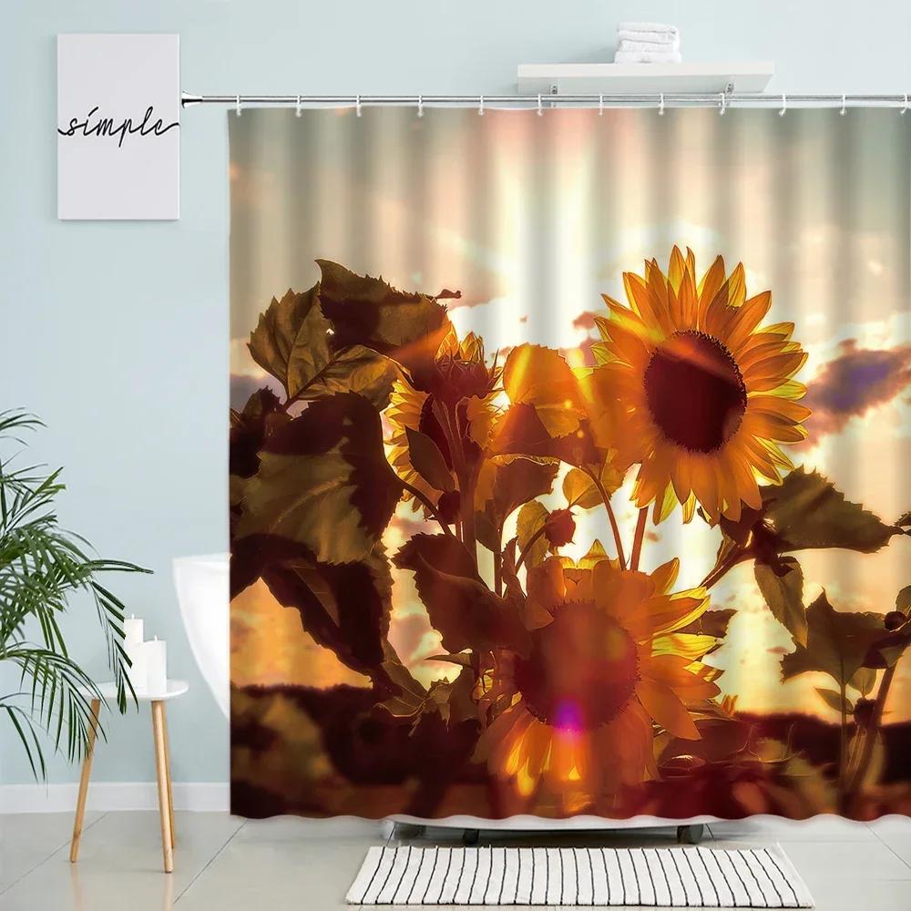 Natural Sunflower Shower Curtains Rural Scenery Floral Yellow Flower Green Leaves Plants Polyester Fabric Bathroom Curtain Decor