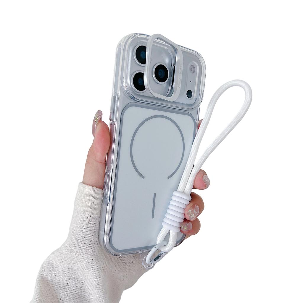 For iPhone 17 Pro Case Compatible with MagSafe Lens Kickstand TPU Acrylic Phone Cover with Matching Hand Strap