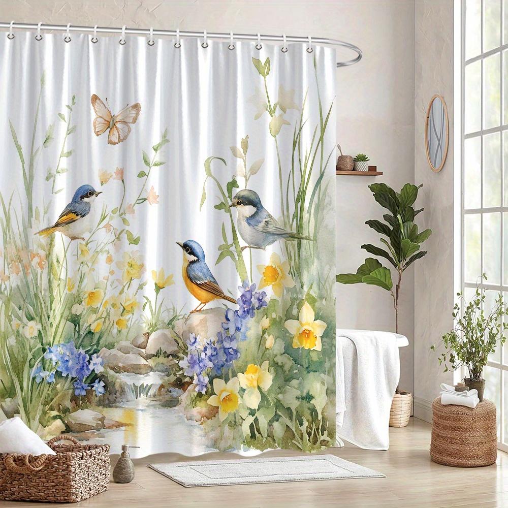 Watercolor Birds And Flowers Shower Curtain Waterproof Easy To Clean Privacy Protection Print Nature Garden Art Design 12 Hooks