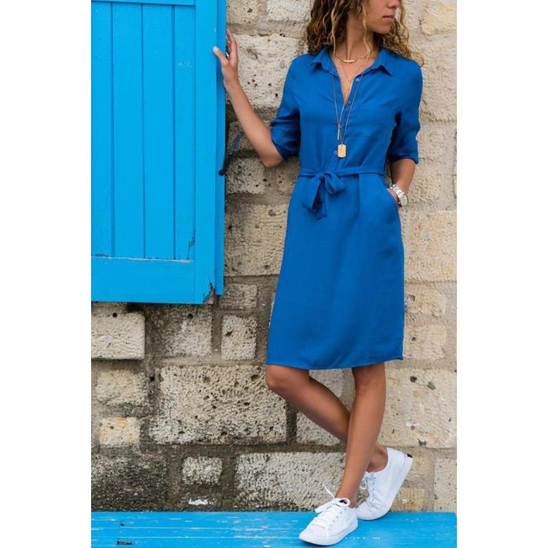 IHUASU Women's Fashion Summer Spring Solid Color Print POLO Neck Long Sleeve Casual Dresses