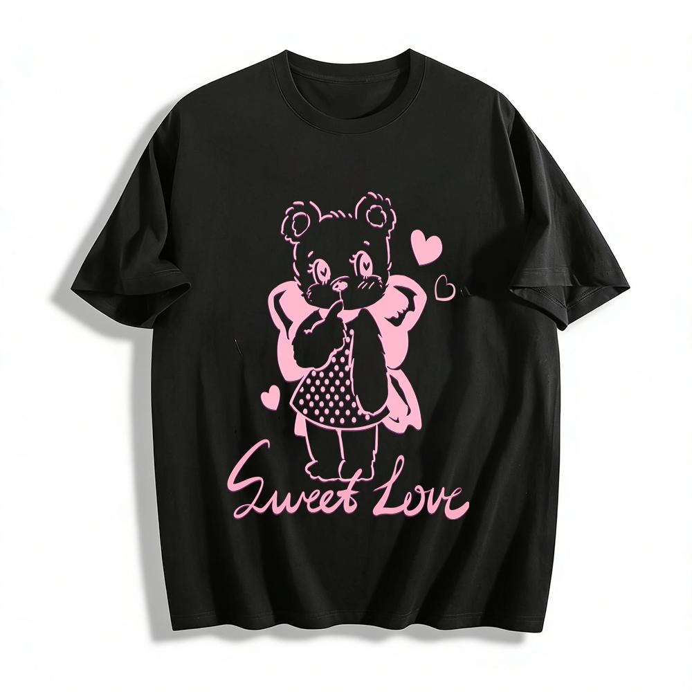Sweet Love Pink Bear Print Crewneck Tee Cute Heart Pattern Casual Short Sleeve Top for Girls Pure cotton T-shirt XXS