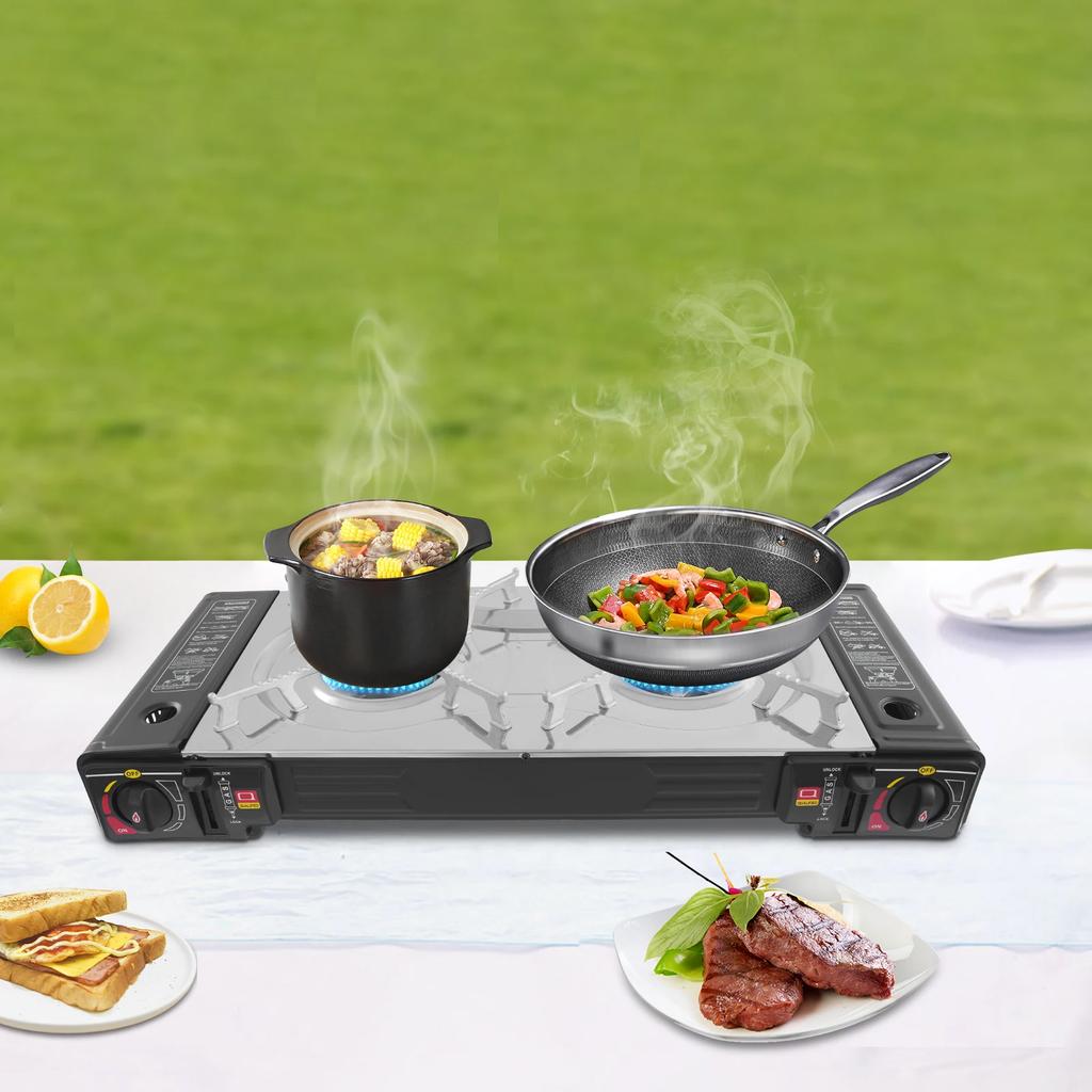 Double-burner Gas Grill Outdoor Portable Camping Stove Two Control Knobs,Automatically Piezoelectric Ignition