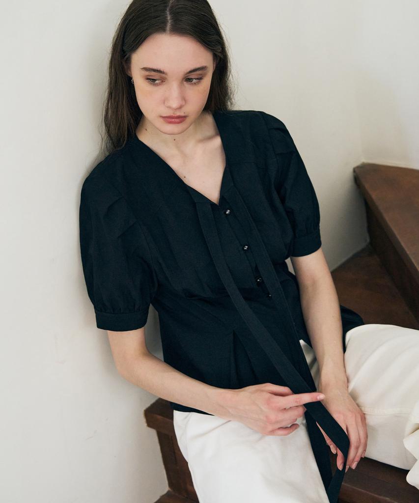 Deuloupisumeon Tuck Puff Short Sleeve Tie Blouse [Sky Blue]