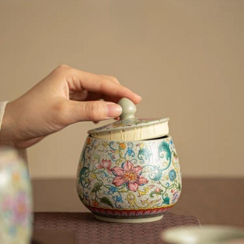 Chinese Ceramic Tea Caddy Colorful Flower Candy Jar Home Portable Coffee Beans Nut Medicinal Materials Storage Box Home Ornament