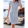 Women's Stand Collar Short Sleeve Striped Shirt Dress Loose Fit Casual Summer Button Down Tunic Dress
