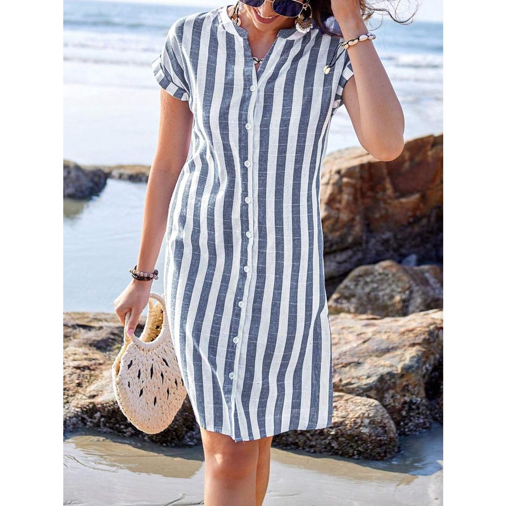Women's Stand Collar Short Sleeve Striped Shirt Dress Loose Fit Casual Summer Button Down Tunic Dress