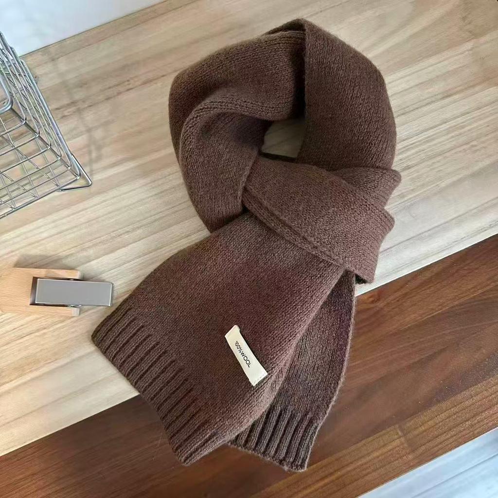 100% Wool Knit Cashmere-Style Scarf: Versatile Solid Color for Men and Women, Korean Winter Fashion