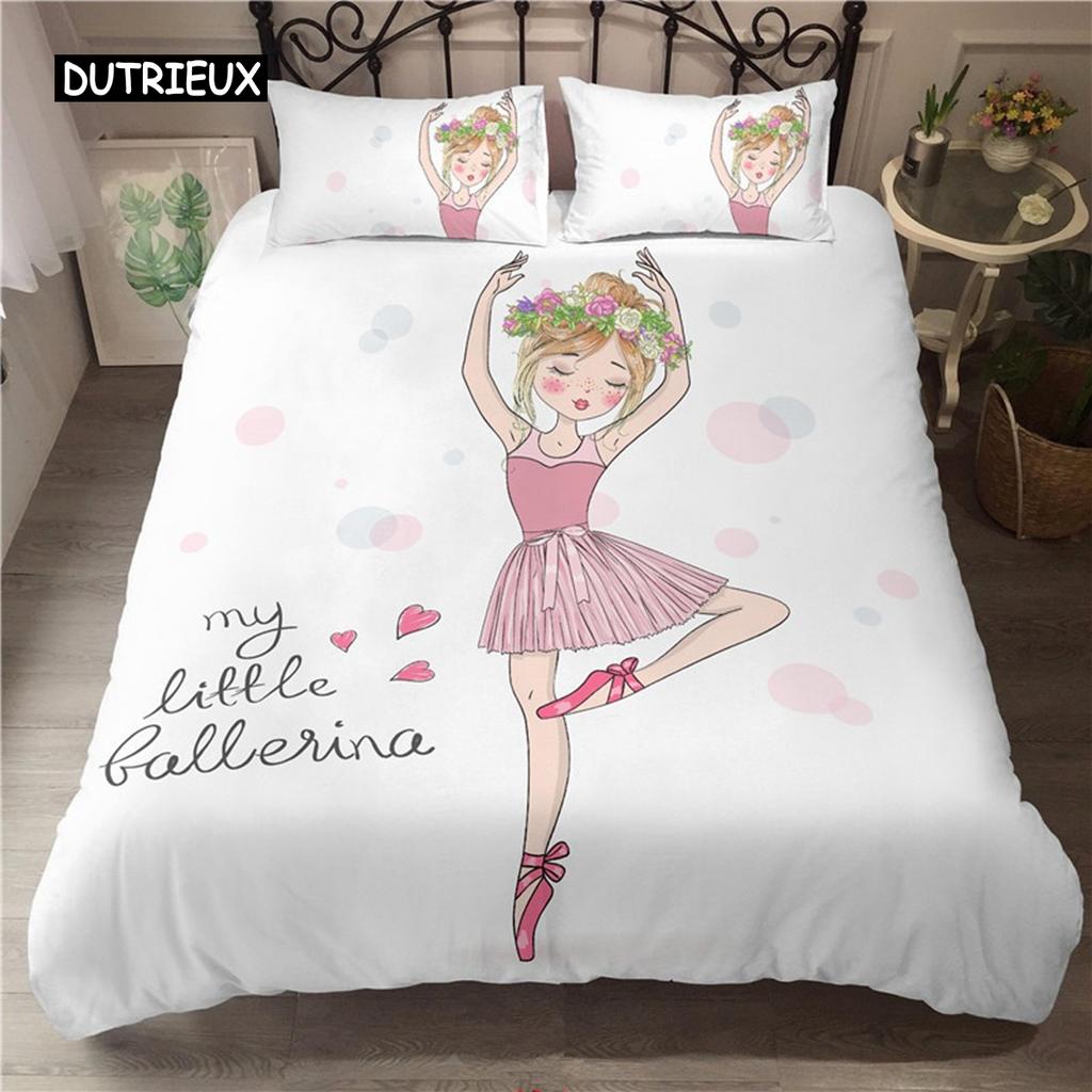 Ballet Dancing Girl Duvet Cover Set Cartoon Ballerinas Girl Bedding Set for Kids Teens Microfiber Double Queen King Quilt Cover