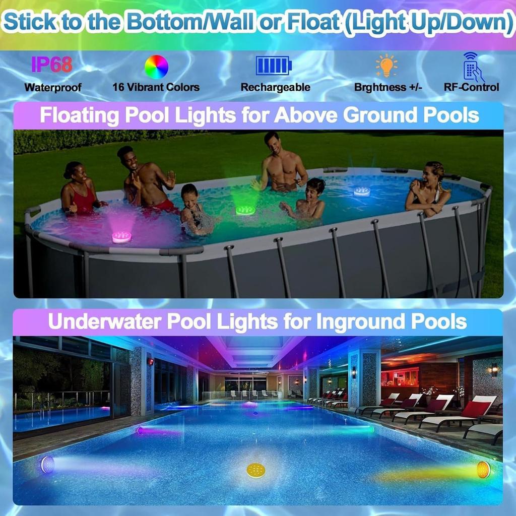 Poolleuchten Poolleuchten Unterwasser mit Fernbedienung 2 Stück Wiederaufladbare Glühbirnenlampe Scheinwerfer 16 Farben Wasserdicht