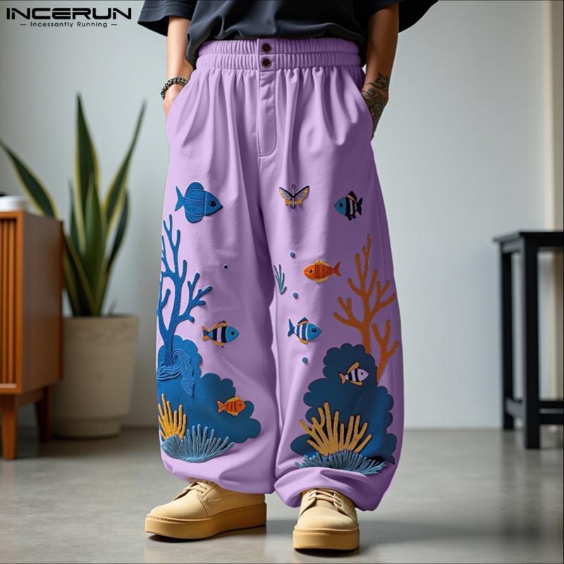 INCERUN Men Casual Loose Elastic Waist Printing Long Pants Trousers with Pockets