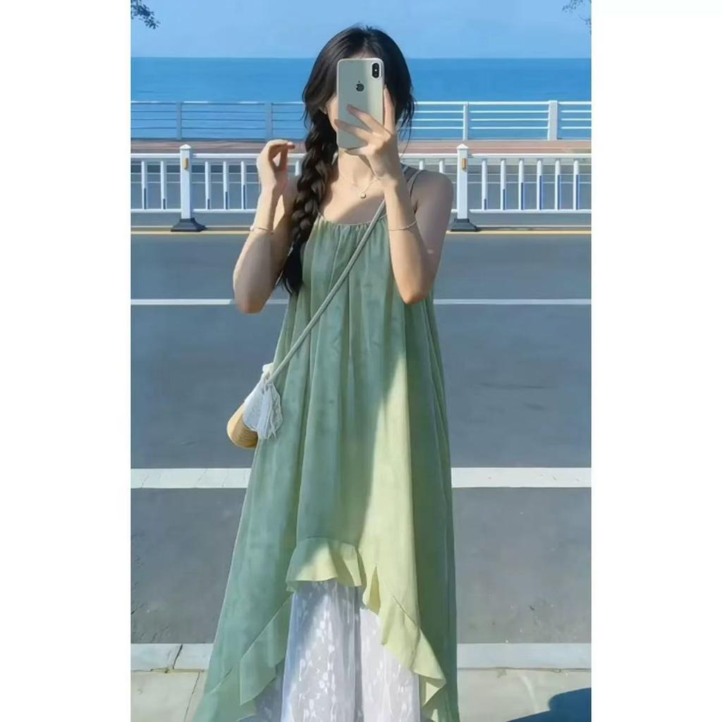 French sweet 2026 print summer splicing new seaside suspender holiday temperament irregular dress skirt