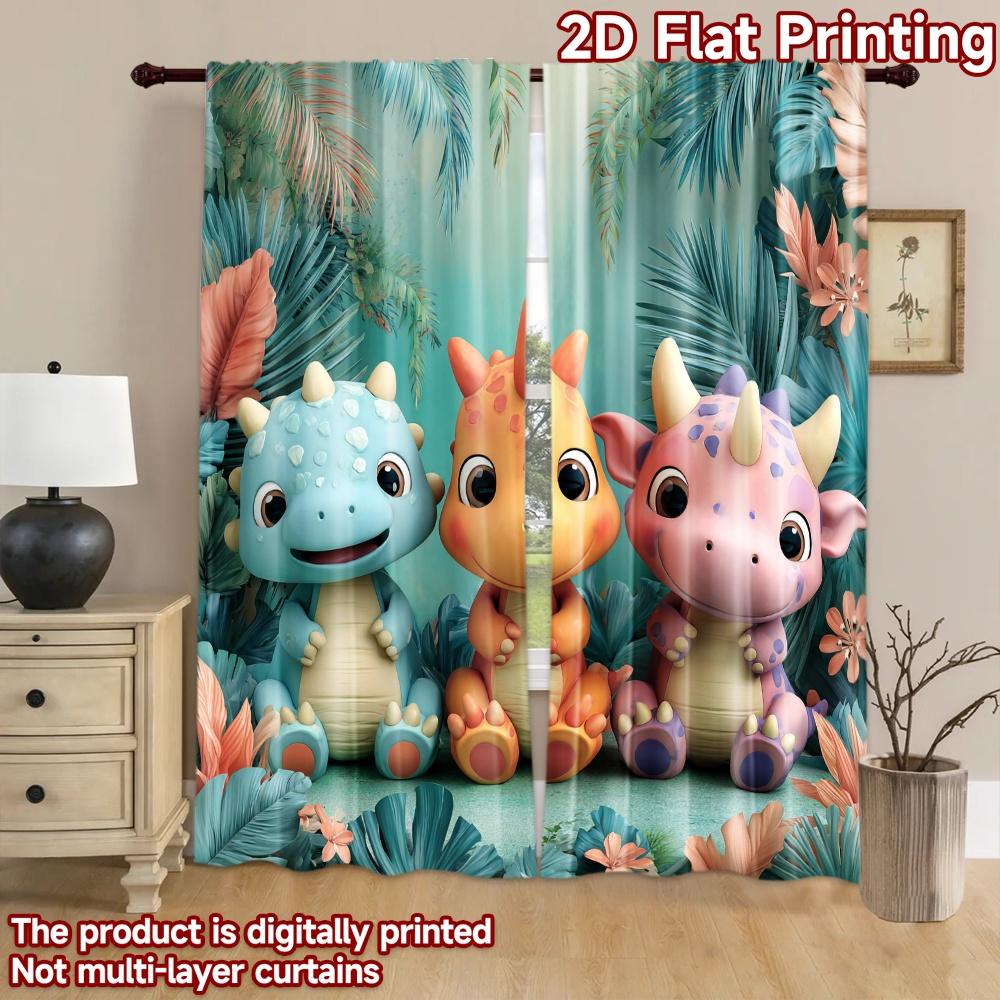 2D flat printing 2pcs Window Curtains Cute Dinosaurs Jungle Friends Digital Printed Polyester Drapes Holiday Decorations Use for