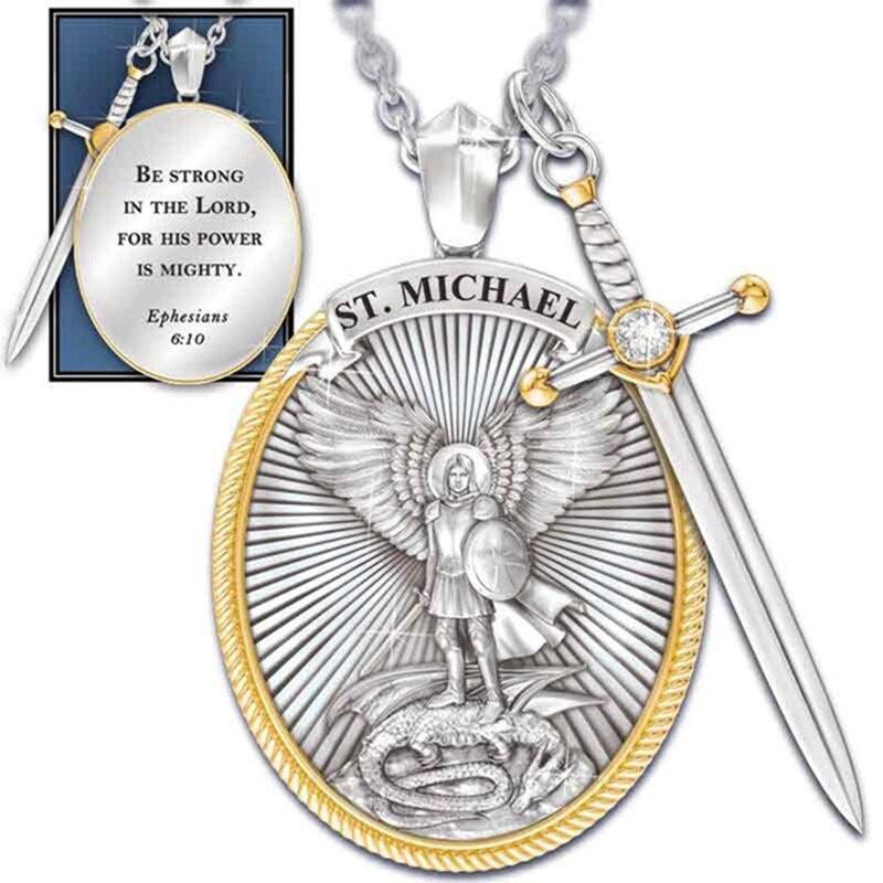 Catholic Amulet Patron Saint St. Michael Necklace Pendant Vintage Protect Charm Talisman Powerful Wealth Success Health Lucky Jewelry Unisex