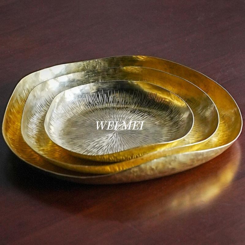 Handcrafted Vintage Brass Fruit Plate,Multi-Functional Irregular Shape Coffee Cup Tray Home Cheese Food Plate,Table Tableware