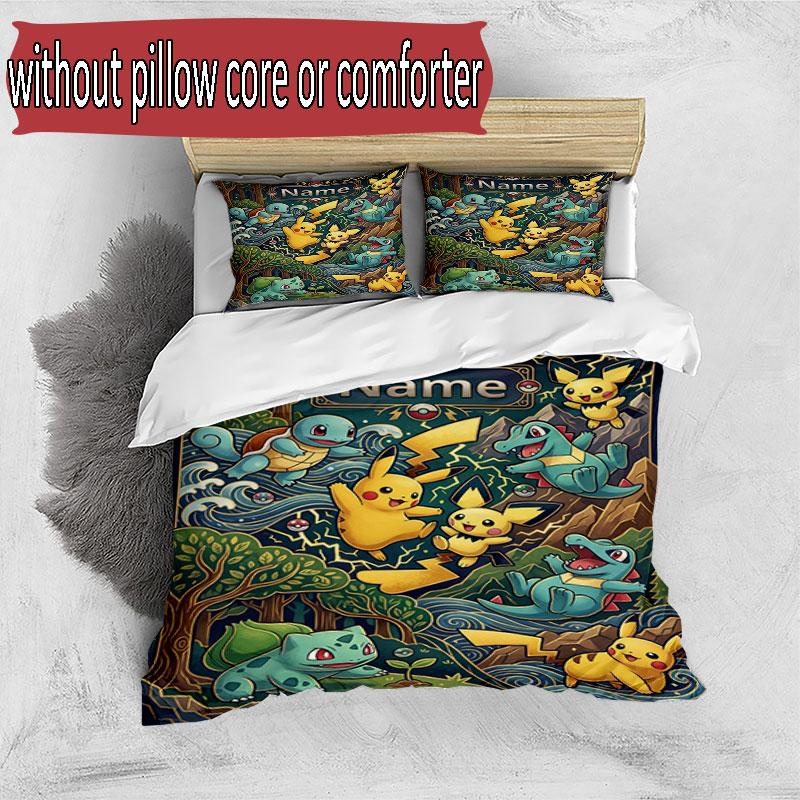 3-teiliges Bettbezug-Set (1 * Bettbezug + 2 * Kissenbezug, ohne Kern), Benutzerdefinierter Name Pokemon Muster Bettwäsche Set, Heim Schlafzimmer Dekor Geschenk
