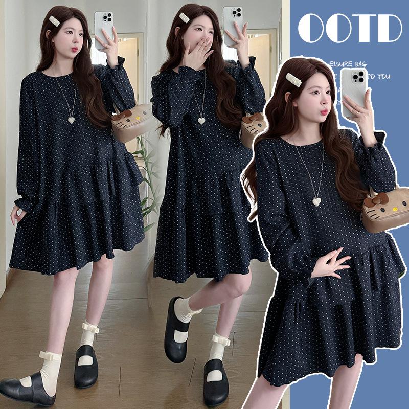 2026 Spring Korean Polka Dot Maternity Dress - Loose Fit, Age-Reducing, Long Sleeve M