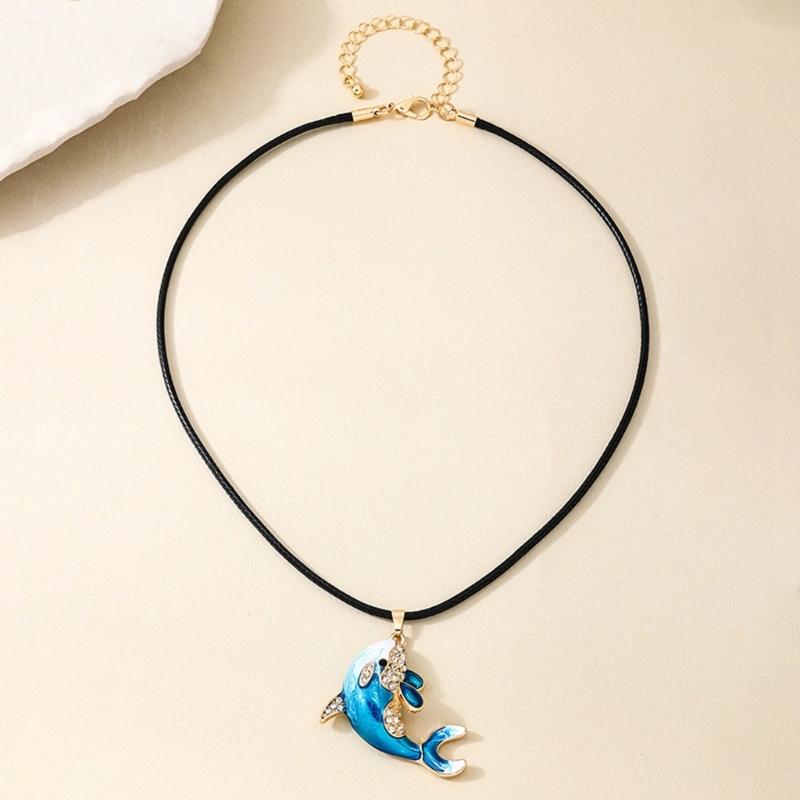 Rhinestones Dolphin Pendant Necklace for Women Adjustable Length Neckchain Choker Lightweight Comfortable Accessory
