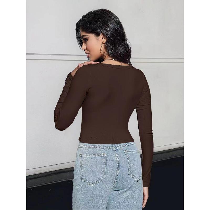 Women's Fashion Casual Spring Fall Solid Color Print Long Sleeve Square Collar Blouses & Shirts