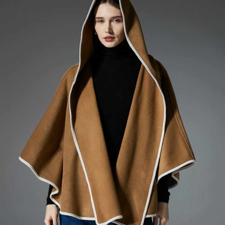 Damen Doppelseitiger Wollähnlicher Kapuzen-Cape-Schal, Poncho-Wickelmantel mit Schleifenband, 143×123cm Dicke Warme Oberbekleidung für Herbst Winter