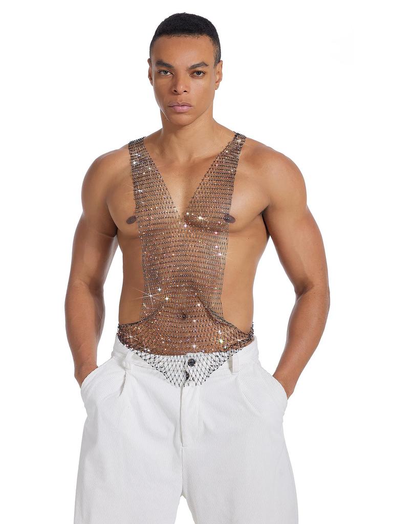 Men's Rhinestone Fishnet Vest - Sexy See-through Party Top with Flash Diamonds