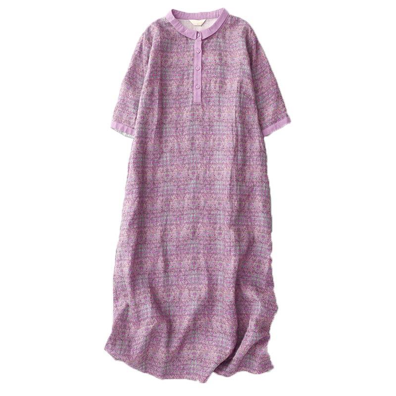 2025 summer new temperament cotton and linen dress women's medium and small lapel five-quarter sleeve printed medium and long dress