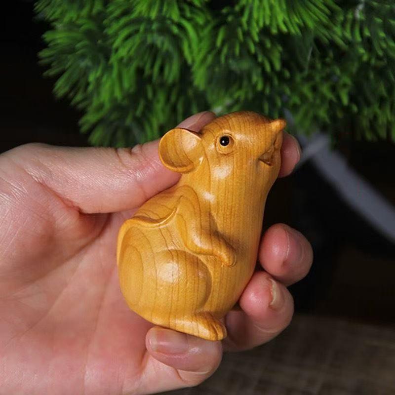 Natural Cypress Animal Hamster Small Statue  Cute Home Room Car Decoration Ornaments Chinese-style Zodiac Sign Gift