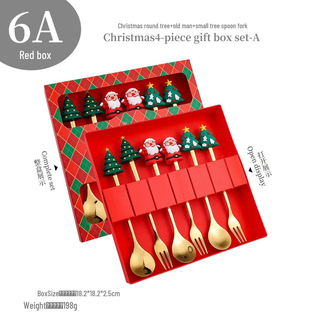 Cross-Border Christmas Stainless Steel Fork & Spoon Gift Set - Reindeer & Snowman Cartoon Pattern Dessert Gold Cutlery