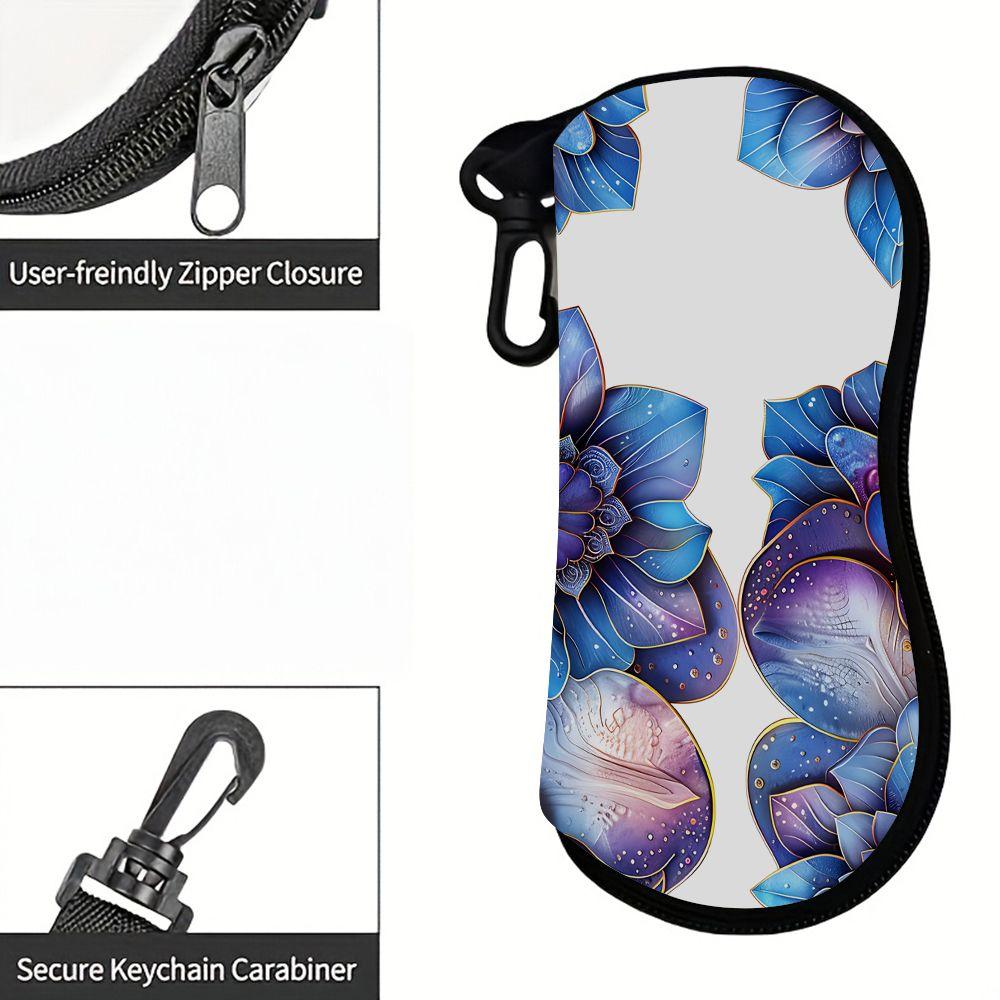 2D-Floral Print Protective Eyewear Case, Sunglasses Case for Women, Decorative Blue Purple Flower Pattern Storage Pouch, Portable Travel Eyeglasses Ho