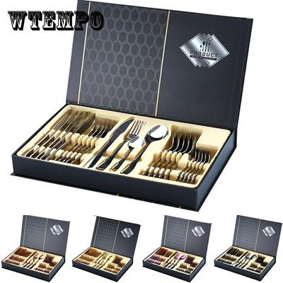 Set de tacâmuri aurite cu mâner negru, 24 buc, cuțit din oțel inoxidabil, furculiță, lingură, set de tacâmuri, pentru festival, pentru bucătărie, cadou