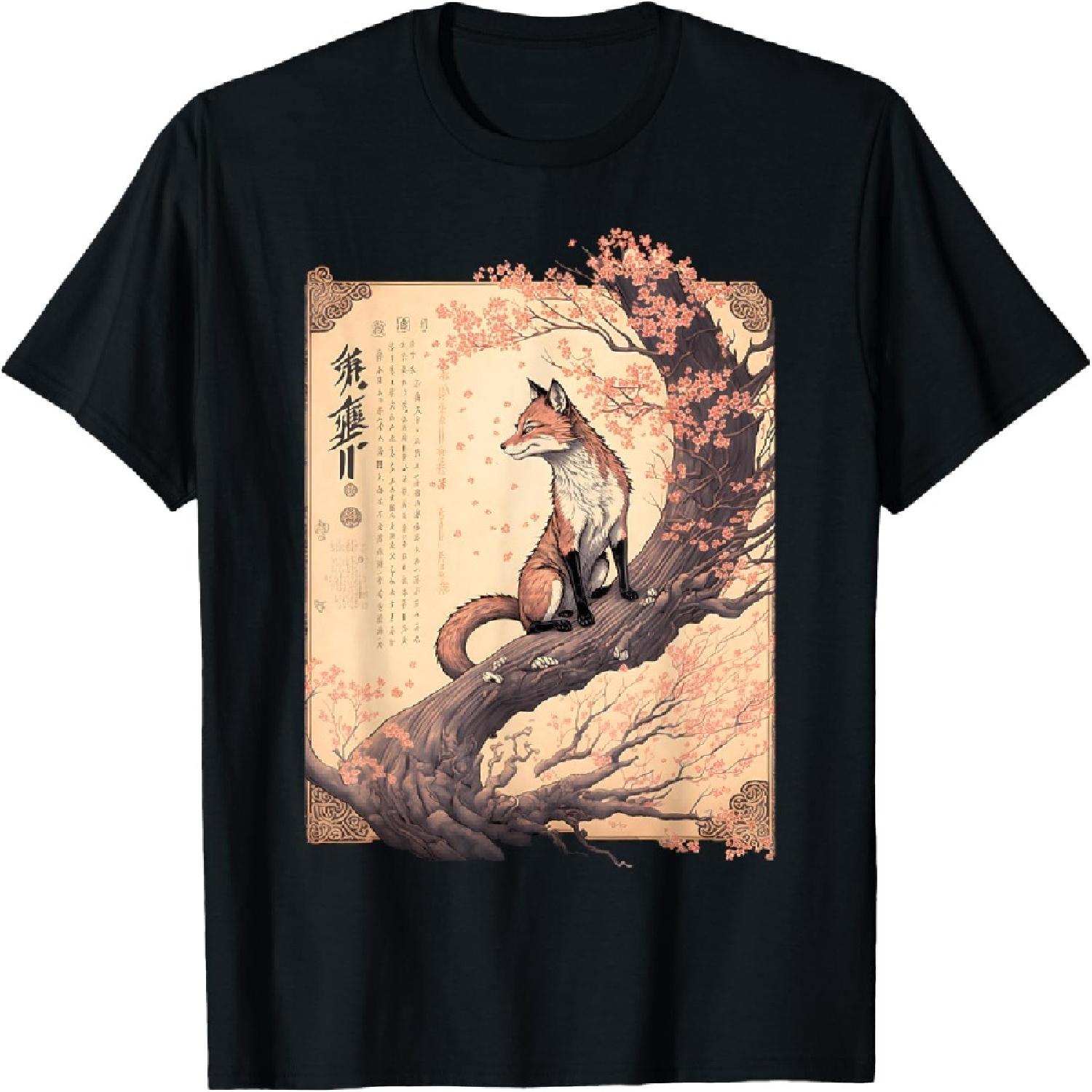 Vintage Cherry Blossom Japanese Fox Scroll Graphical Art T-Shirt XXXXXL разноцветный