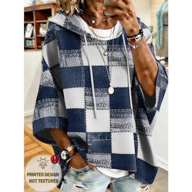Karomuster Patchwork Kapuzenpullover, Damen Europäisch und Amerikanisch Sieben Viertel Ärmel Lässig Lockerer Hoodie