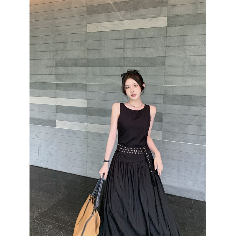 Kumikumi High-Grade Temperament Black Vest Dress Women Summer Unique Chic High Waist Slimming Large Swing Skirt