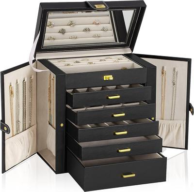 AKOZLIN Large Capacity Jewelry Box, 6-Tier, with Mirror, 5-Drawer Design, for Accessories, Necklaces, Earrings, Rings, Watches, Etc.,