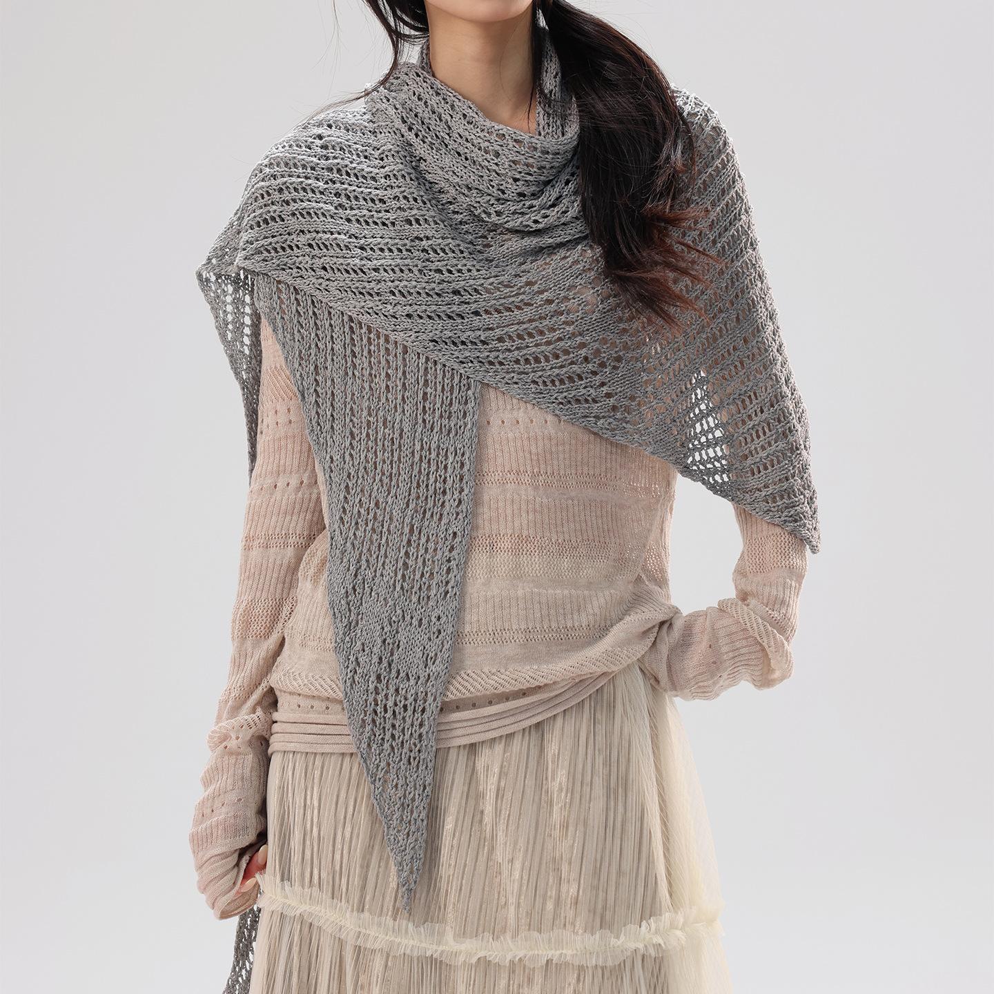 2026 new fringed shawl solid color knitted hollow shawl wool triangle scarf fashion office air conditioner shawl