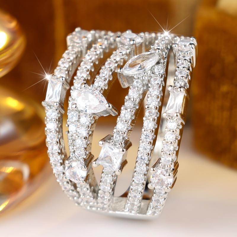 Glamorous Silver Color Multi Layer Zircon Band Ring for Women Wedding Banquet Daily and Party